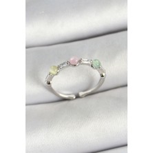 Pirinç Sıralı Boncuk Figürlü Zirkon Taşlı Gümüş Renk Ayarlanabilir Kadın Yüzük