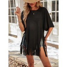 Equri Kadın Kısa Kollu Bisiklet Yaka Püsküllü Viskon Bluz