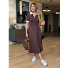 Kendim Fashion Kadın Kısa Kollu Ribana ve Fermuar Detay Midi Boy Elbise