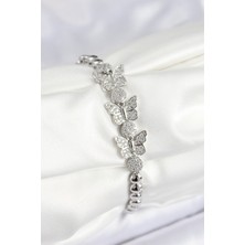 Pirinç Zirkon Taşlı Kelebek Model Gümüş Renk Kadın Bileklik