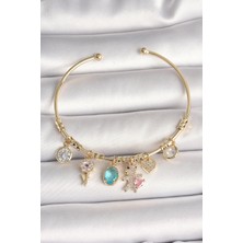 Pirinç Gold Renk Sallantı Zirkon Taşlı Ayıcık Figür Kalp Detay Charm Kadın Bileklik