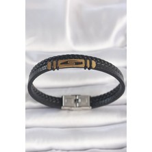 316L Çelik Gold Renk Aksesuarlı Çift Sıra Siyah Burgu Desenli Deri Kordon Erkek Bileklik