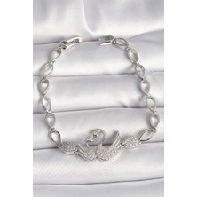 Pirinç Gümüş Renk Zirkon Taşlı Kuğu Figür Damla Zincir Model Kadın Bileklik