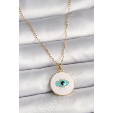 316L Çelik Gold Renk Zincir Beyaz Mineli Turkuaz Göz Işleme Model Kadın Kolye
