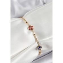 Pirinç Gold Renk Karışık Renk Yonca Zirkon Taşlı Kadın Bileklik