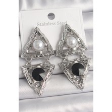 Pirinç Gümüş Renk Sallantı Üçgen Model Inci Detay Kadın Küpe