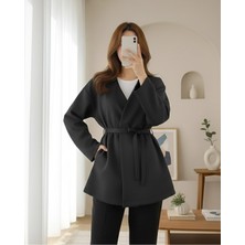 Modamorfo Beli Kuşaklı V Yaka  Scuba Kimono  -Siyah