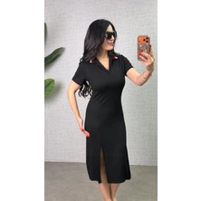Gökyüzü Moda Kadın Polo Yaka Çift Yırtmaç Detay Modal Kumaş Midi Boy Elbise