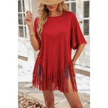 Equri Kadın Kısa Kollu Bisiklet Yaka Püsküllü Viskon Bluz