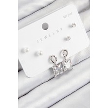 Pirinç Zirkon Taşlı Sallantılı Kare Model Gümüş Renk 925 Ayar Gümüş Çivi Kadın Küpe Set