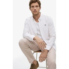 Fabrika Regular Fit Alttan Britli Yaka Çizgili Beyaz - Kahverengi Erkek Gömlek F6SM-GML 2044