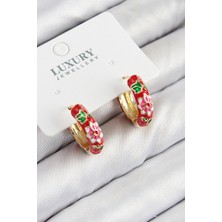 Pirinç Gold Renk Kırmızı Çiçek Işleme Mineli Kadın Küpe