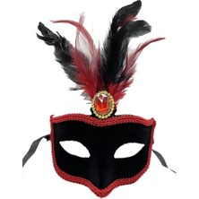 Epilons Kırmızı Tüylü Siyah Süet Kaplama Parti Maskesi