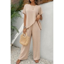Barış Beauty Kadın Kısa Kollu Bisiklet Yaka Asimetrik Kesim Detaylı Bürümcük Bluz ve Pantolon Ikili Takım