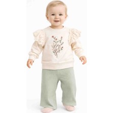 Vovido Kız Bebek Nakışlı Fırfır Detaylı Sweatshirt ve Fitili Pantolon Takımı