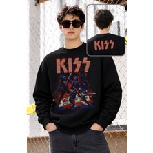 Fuddy Moda Unisex Oversize Kiss Members Ense Baskılı Bisiklet Yaka Kapüşonsuz Sweatshirt
