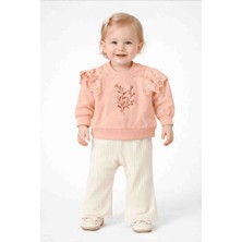 Vovido Kız Bebek Nakışlı Fırfır Detaylı Sweatshirt ve Fitili Pantolon Takımı