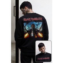 Fuddy Moda Unisex Oversize Iron Maiden Rock Band Sırt Baskılı Bisiklet Yaka Kapüşonsuz Sweatshirt