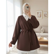 Modamorfo Beli Kuşaklı V Yaka  Scuba Kimono  -Kahve