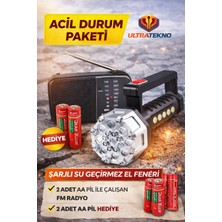 UltraTekno Acil Durum Deprem Paketi | Şarjlı Güçlü LED El Feneri + Fm Radyo + 2 Adet Aa Pil | Deprem Çantası Afet Acil Durum Seti