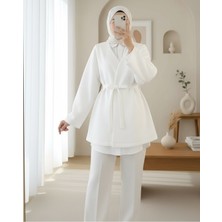 Modamorfo Beli Kuşaklı V Yaka  Scuba Kimono  -Beyaz