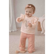 Vovido Kız Bebek Nakışlı Fırfır Detaylı Sweatshirt ve Fitili Pantolon Takımı