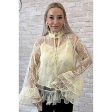 Muna Boutique Garciel Sarı Kendinden Bodyli Ithal Tül Gömlek