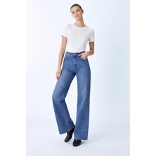 Hakke Kadın Yüksek Bel Bol Paça Wide Leg Jean Pantolon