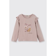 Panço Kız Bebek Uzun Kollu Tişört Pudra Renk Pamuklu Günlük Stil Regular Fit