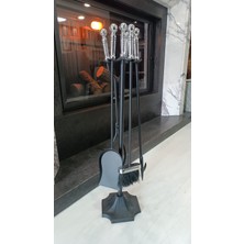 Taş Devri Şömine ve Doğal Taş - Beşli Lüks Gümüş Topuz Başlıklı Şömine ve Soba Aksesuar Seti - AKSESUAR-001