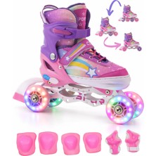 Yıldız Gökkuşağı Işıklı Kız Çocuk Pateni ve Dizlik Seti Silikon Teker Ayarlanabilir Taşıma Çantalı