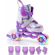 Melek Kanatlı Işıklı Çocuk Pateni ve Dizlik Seti Silikon Teker Ayarlanabilir Paten Çantalı Lila