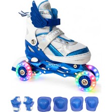 Melek Kanatlı Işıklı Çocuk Pateni ve Dizlik Seti Silikon Teker Ayarlanabilir Paten Çantalı Mavi