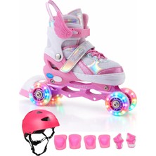 Melek Kanatlı Işıklı Çocuk Pateni Kask ve Dizlik Seti Silikon Teker Ayarlanabilir Paten Çantalı