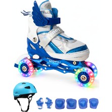 Melek Kanatlı Işıklı Çocuk Pateni Kask ve Dizlik Seti Silikon Teker Ayarlanabilir Paten Çantalı