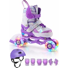 Melek Kanatlı Işıklı Çocuk Pateni Kask ve Dizlik Seti Silikon Teker Ayarlanabilir Paten Çantalı