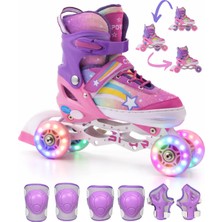 Yıldız Gökkuşağı Işıklı Kız Çocuk Pateni ve Dizlik Seti Silikon Teker Ayarlanabilir Taşıma Çantalı