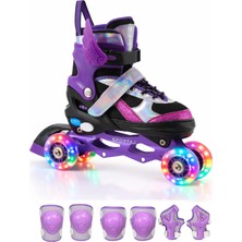 Melek Kanatlı Işıklı Çocuk Pateni ve Dizlik Seti Silikon Teker Ayarlanabilir Paten Çantalı Mor