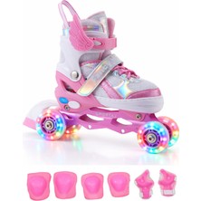 Melek Kanatlı Işıklı Çocuk Pateni ve Dizlik Seti Silikon Teker Ayarlanabilir Paten Çantalı Pembe