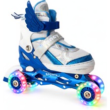 Melek Kanatlı Işıklı Çocuk Pateni Silikon Teker Ayarlanabilir Paten Taşıma Çantalı Mavi