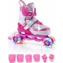 Melek Kanatlı Işıklı Çocuk Pateni ve Dizlik Seti Silikon Teker Ayarlanabilir Paten Çantalı Fuşya