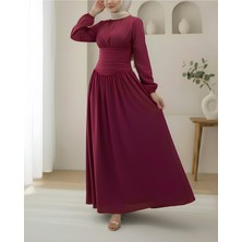Moda Morfo Önü Büzgülü Kolu Lastikli Fermuarlı Poplin Elbise -Bordo