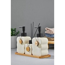 Cooker 3'lü 300 ml Seramik Bambu Standlı Banyo Seti CKR3883