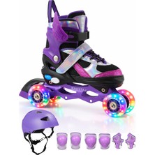 Melek Kanatlı Işıklı Çocuk Pateni Kask ve Dizlik Seti Silikon Teker Ayarlanabilir Paten Çantalı