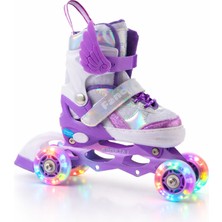 Melek Kanatlı Işıklı Çocuk Pateni Silikon Teker Ayarlanabilir Paten Taşıma Çantalı Lila