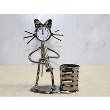 Kenpazar Metal Saksafon Çalan Kedi Müzisyen Saat ve Kalemlik