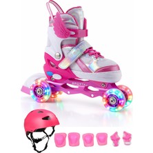 Melek Kanatlı Işıklı Çocuk Pateni Kask ve Dizlik Seti Silikon Teker Ayarlanabilir Paten Çantalı