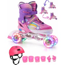 Yıldız Gökkuşağı Işıklı Kız Çocuk Pateni Kask ve Dizlik Seti Silikon Teker Ayarlanabilir Taşıma