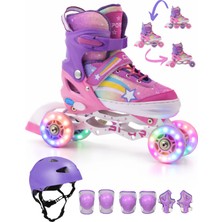 Yıldız Gökkuşağı Işıklı Kız Çocuk Pateni Kask ve Dizlik Seti Silikon Teker Ayarlanabilir Taşıma