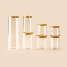 Bambum Sona 7 Parça Bambu Kapaklı Cam Saklama Kabı - Şeffaf / Açık Kahverengi